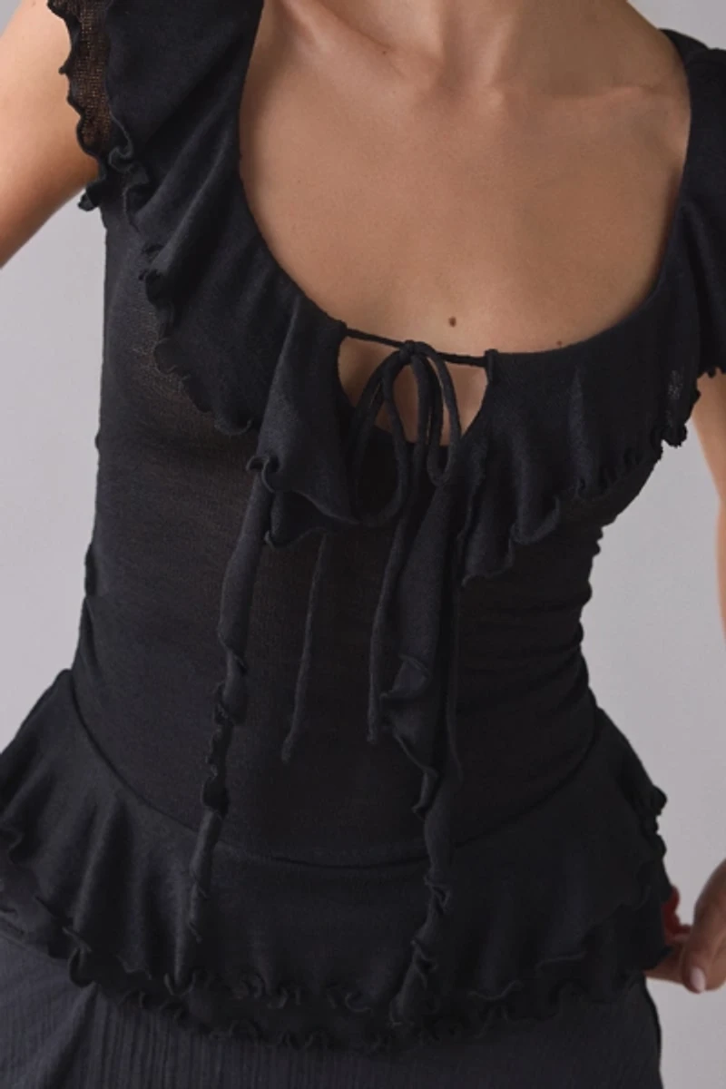 UO Bella Tie-Front Flutter Sleeve Ruffle Top