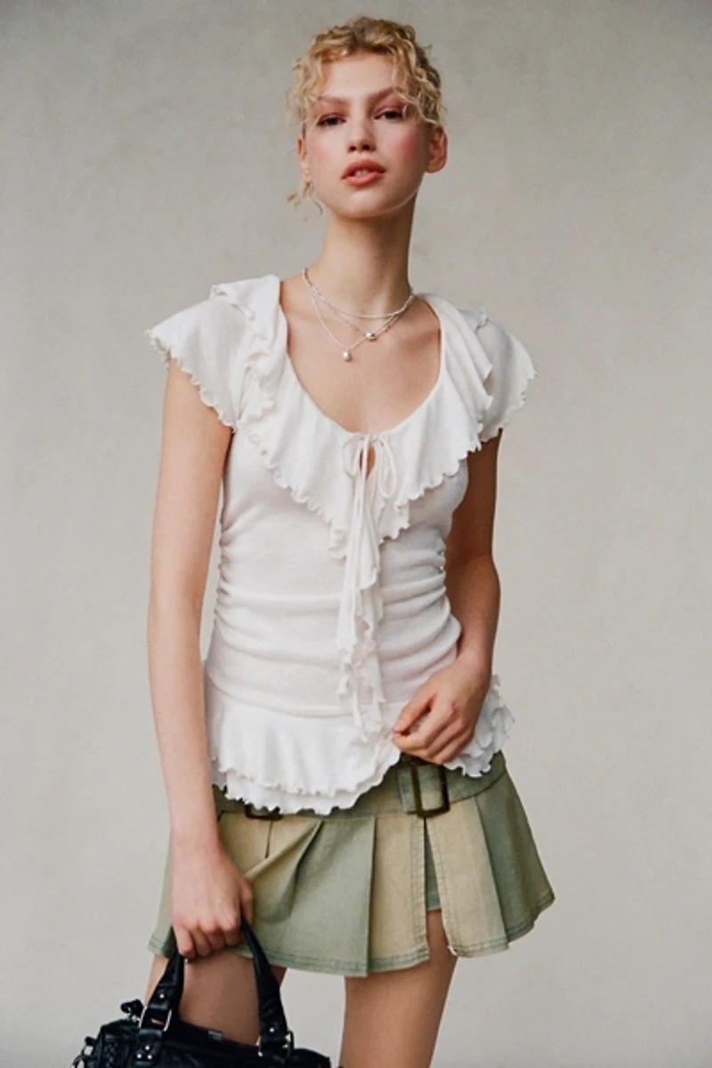 UO Bella Tie-Front Flutter Sleeve Ruffle Top