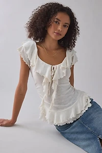 UO Bella Tie-Front Flutter Sleeve Ruffle Top