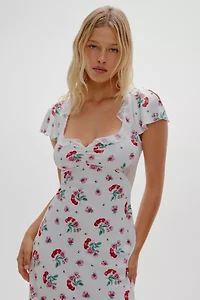 Frankies Bikinis Delicate Cherry Flower Lace Trim Satin Midi Dress