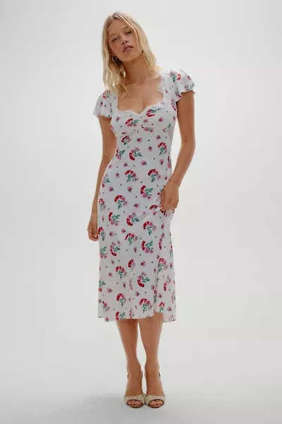 Frankies Bikinis Delicate Cherry Flower Lace Trim Satin Midi Dress