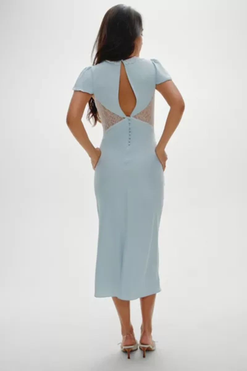 Frankies Bikinis Delicate Angel’s Breath Lace Trim Satin Midi Dress