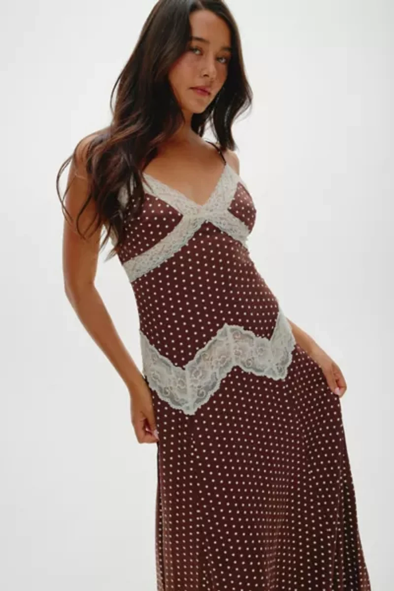 Frankies Bikinis Ethereal Chocolate Dot Satin Maxi Dress