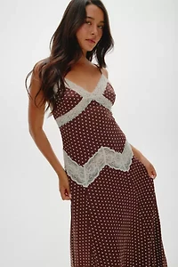 Frankies Bikinis Ethereal Chocolate Dot Satin Maxi Dress