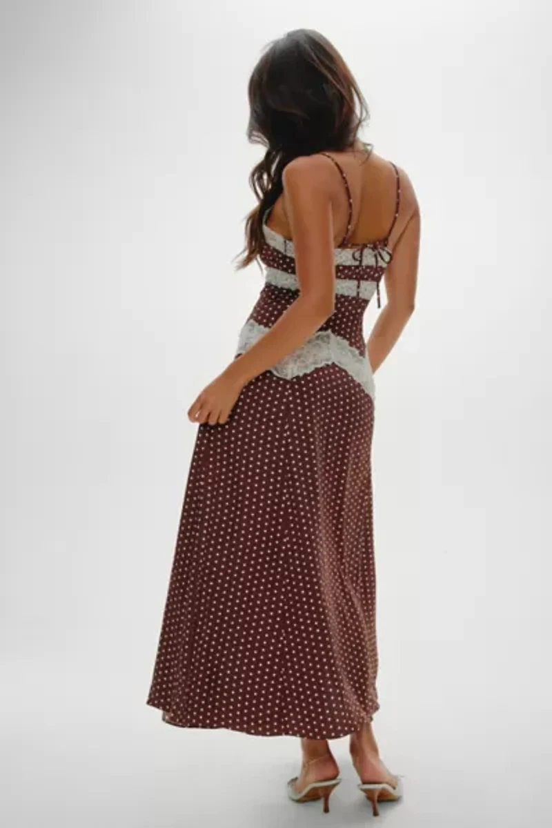 Frankies Bikinis Ethereal Chocolate Dot Satin Maxi Dress