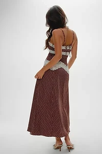 Frankies Bikinis Ethereal Chocolate Dot Satin Maxi Dress