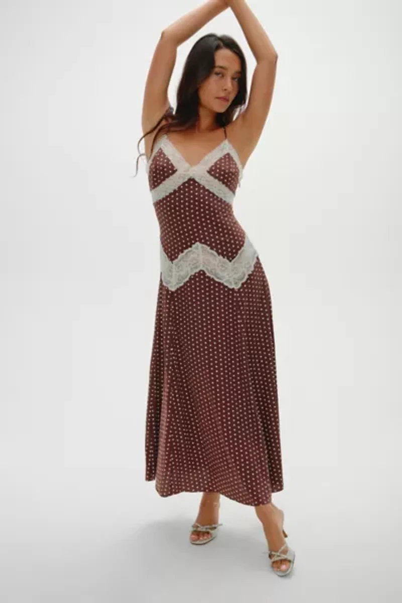 Frankies Bikinis Ethereal Chocolate Dot Satin Maxi Dress