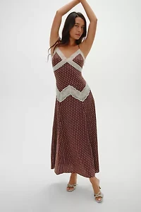 Frankies Bikinis Ethereal Chocolate Dot Satin Maxi Dress
