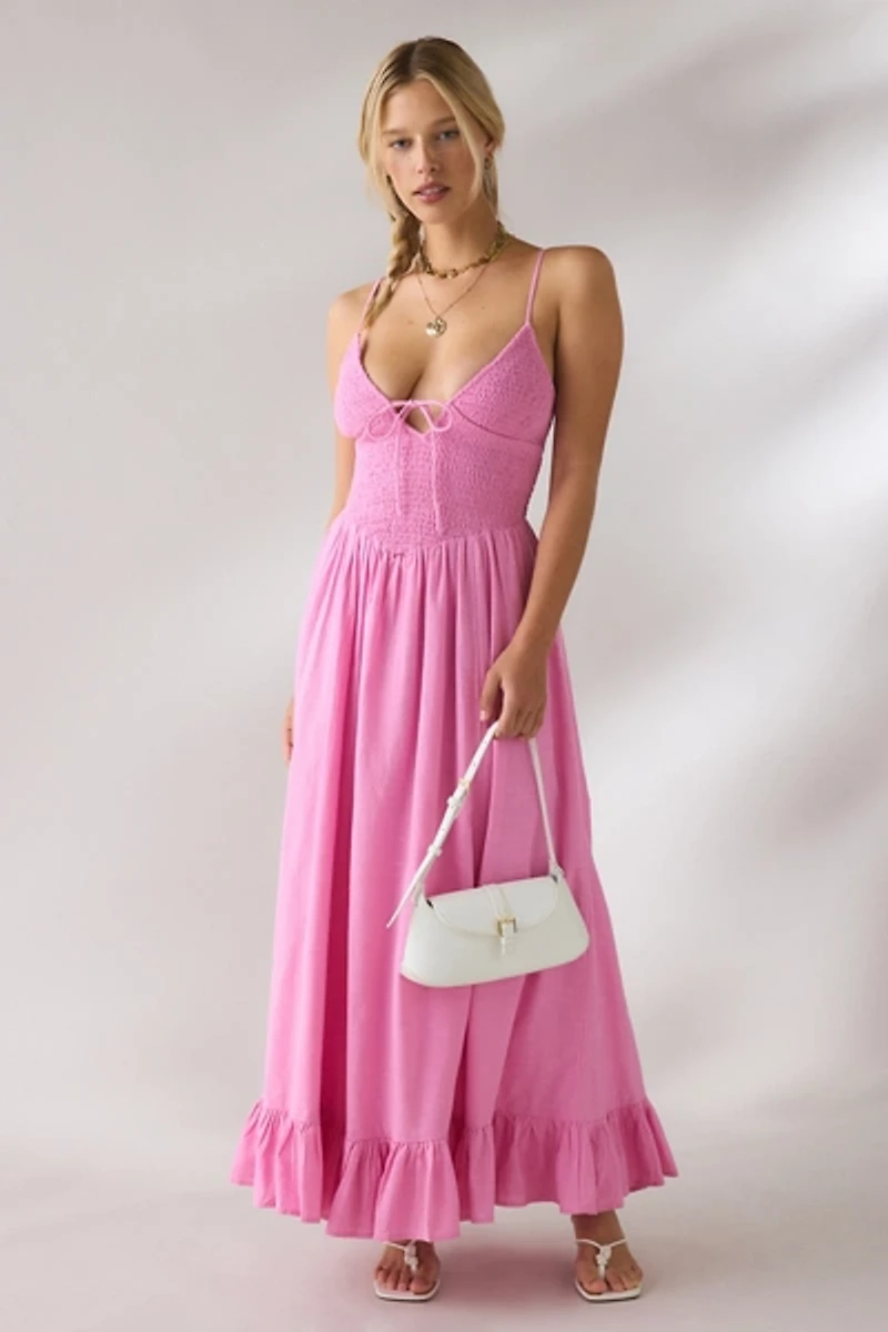 Kimchi Blue Keepsake Tie-Front Smocked Cotton Maxi Dress