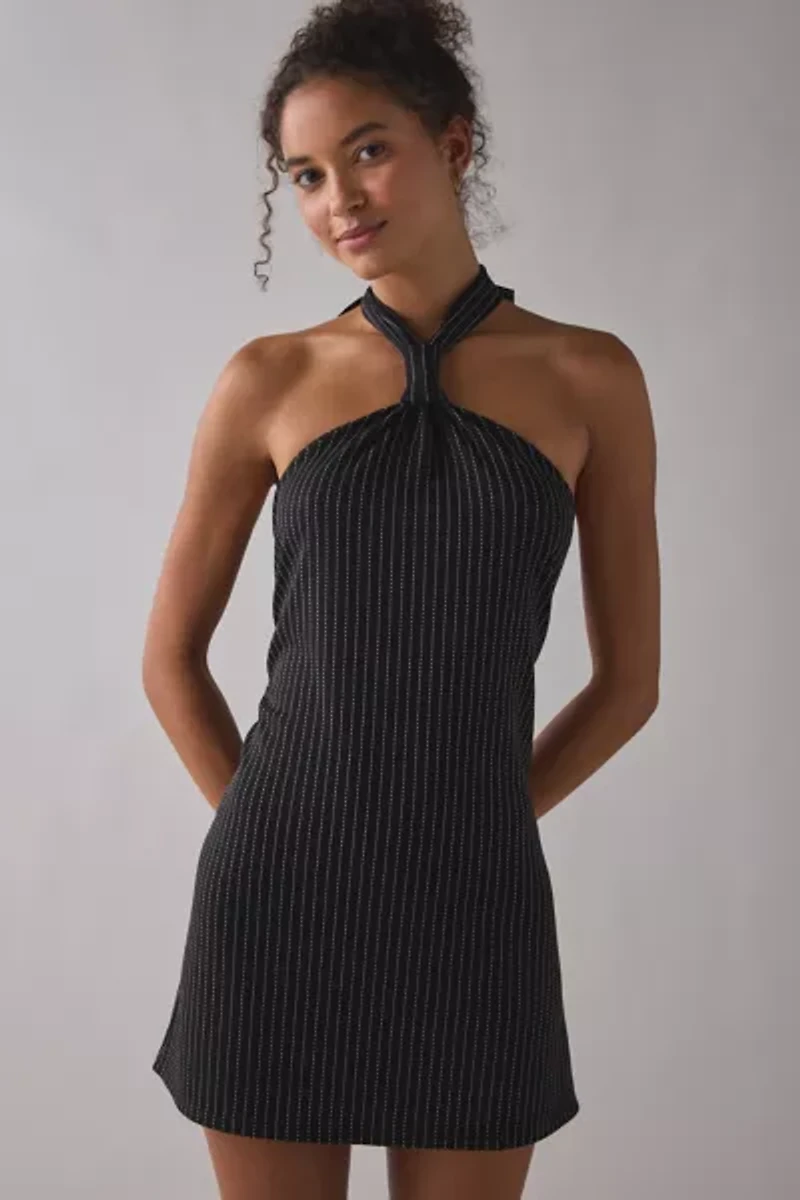 ReMADE By UO Remnants Pinstripe Knotted Halter Mini Dress