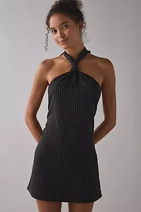 ReMADE By UO Remnants Pinstripe Knotted Halter Mini Dress