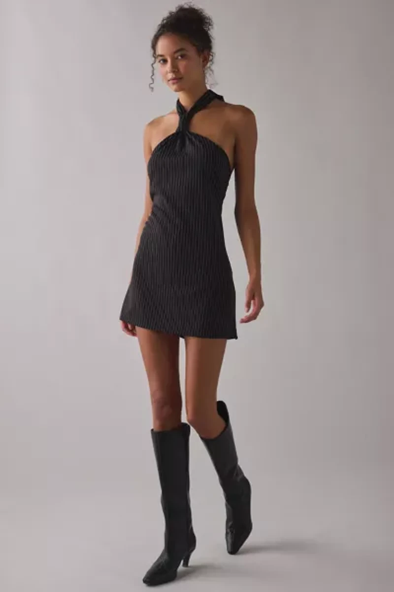 ReMADE By UO Remnants Pinstripe Knotted Halter Mini Dress