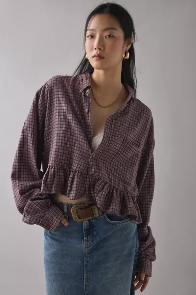 ReMADE By UO Cropped Peplum Flannel Shirt