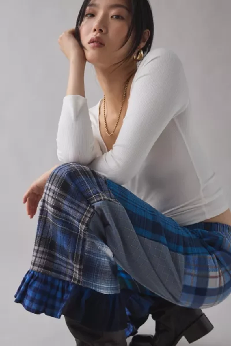 ReMADE By UO Ruffle Trim Patchwork Flannel Pant