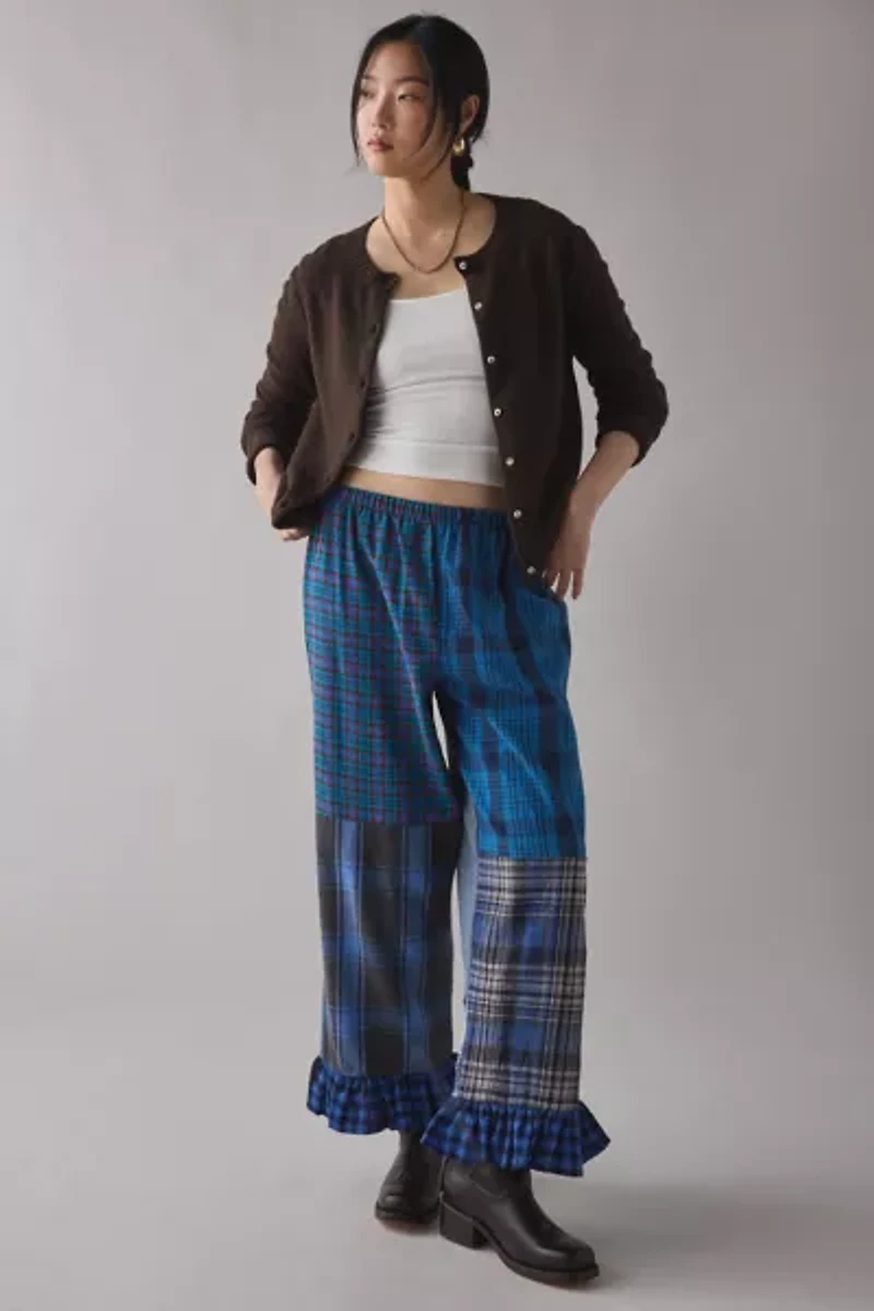 ReMADE By UO Ruffle Trim Patchwork Flannel Pant