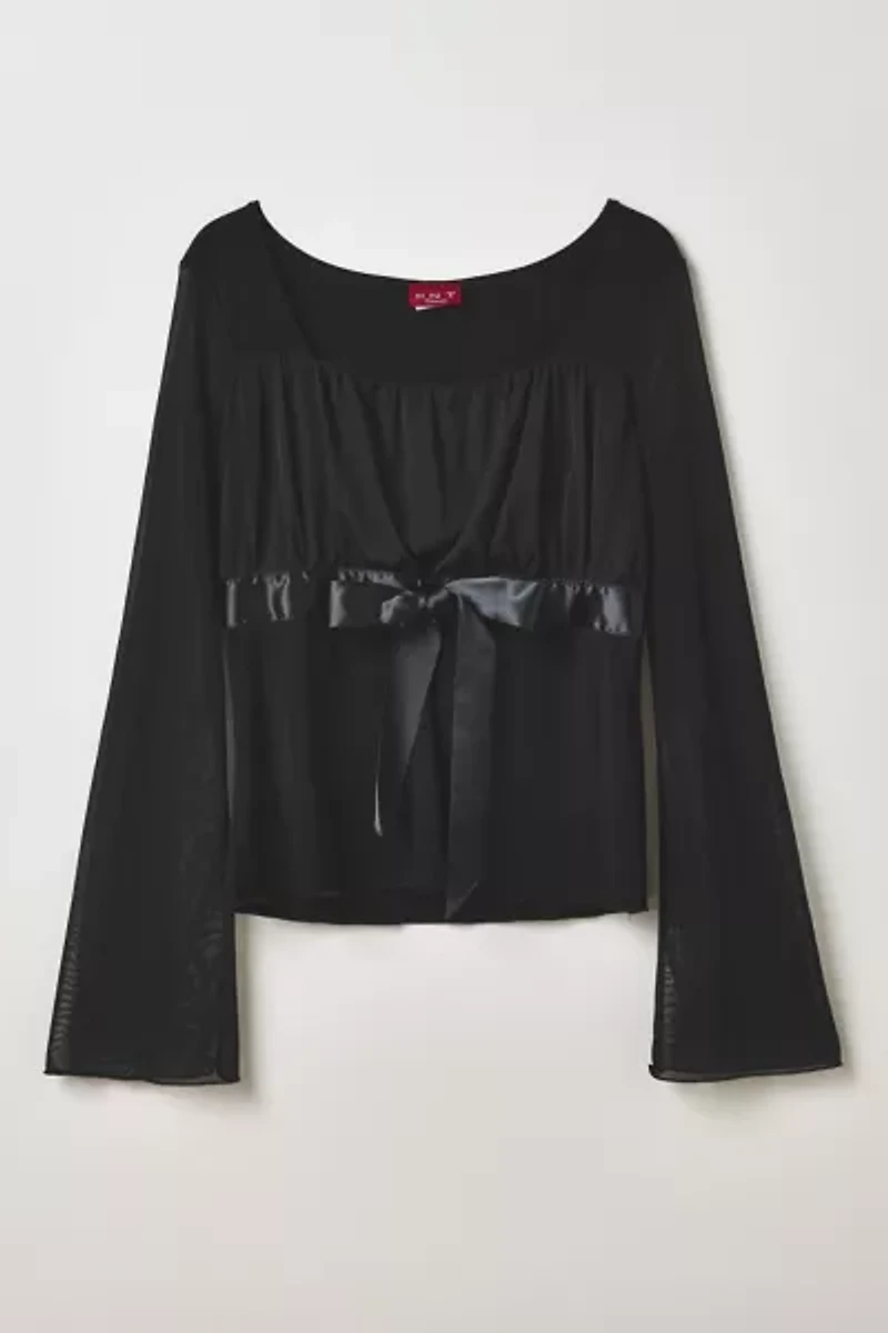 Vintage By Thrift Like A Girl Satin Bow Bell Sleeve Babydoll Top