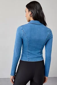 UO Ledia Slim Long Sleeve Zip-Front Denim Shirt