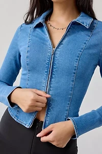 UO Ledia Slim Long Sleeve Zip-Front Denim Shirt
