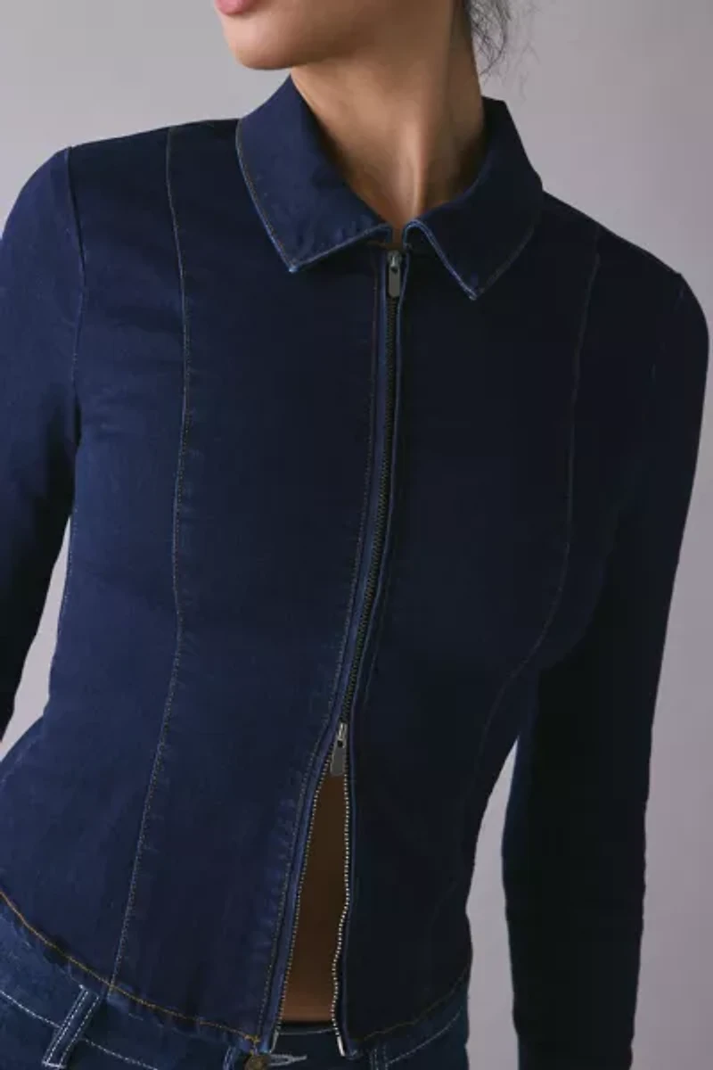UO Ledia Slim Long Sleeve Zip-Front Denim Shirt