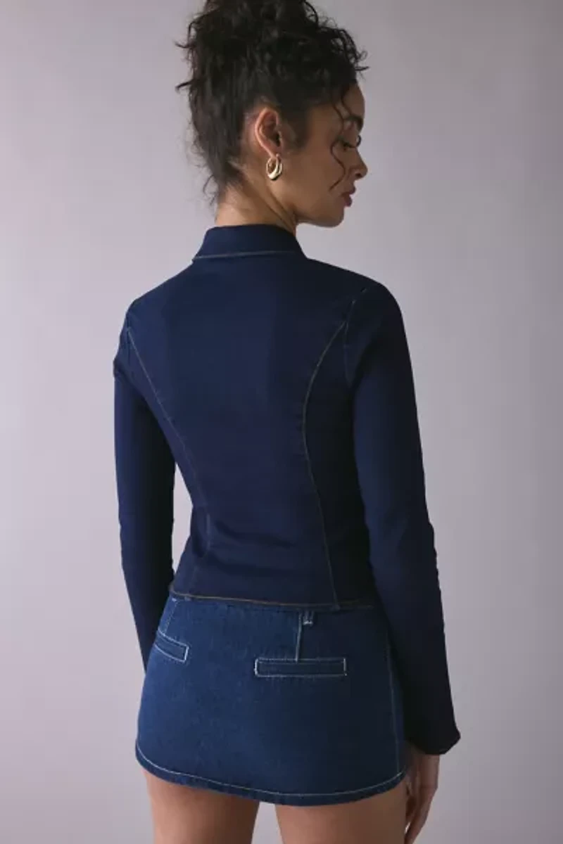 UO Ledia Slim Long Sleeve Zip-Front Denim Shirt