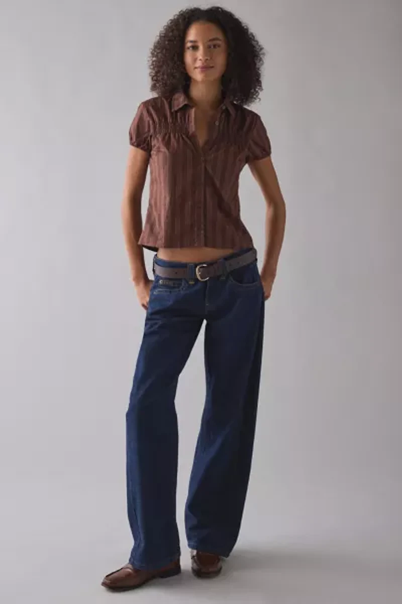 Motel Ulsan Brown Pinstripe Puff Sleeve Button-Down Blouse