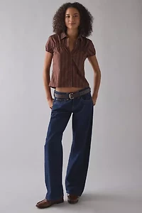 Motel Ulsan Brown Pinstripe Puff Sleeve Button-Down Blouse