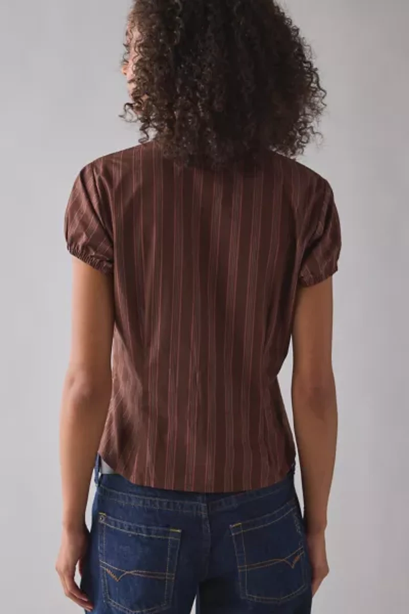 Motel Ulsan Brown Pinstripe Puff Sleeve Button-Down Blouse
