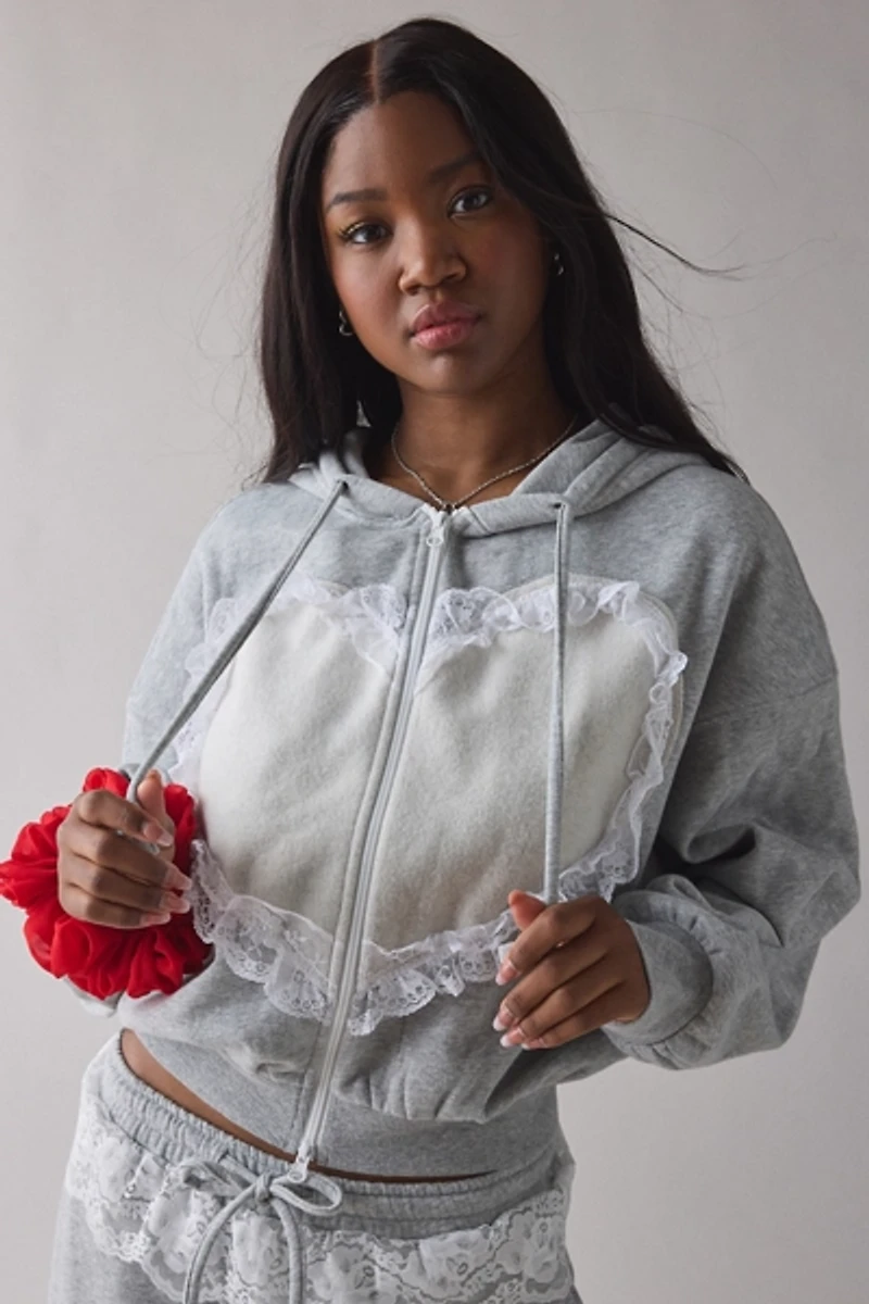 Out From Under Love Is Bliss Lace Trim Cropped Zip-Up Hoodie