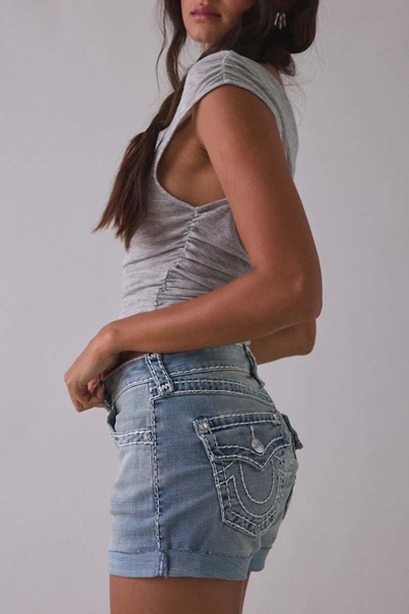 True Religion Jennie Super T Flap Mid-Rise Denim Shorts