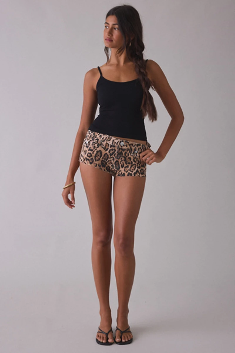 True Religion Spicy Leopard Flap Low-Rise Denim Micro Shorts
