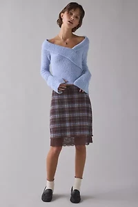 UO Suky Plaid Mesh Lace Trim Slip Midi Skirt