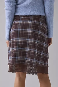 UO Suky Plaid Mesh Lace Trim Slip Midi Skirt