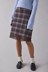 UO Suky Plaid Mesh Lace Trim Slip Midi Skirt