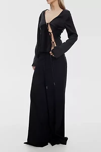 Lioness Mariah Long Sleeve Asymmetric Tie-Front Satin Top