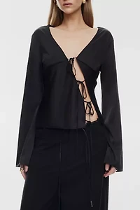 Lioness Mariah Long Sleeve Asymmetric Tie-Front Satin Top