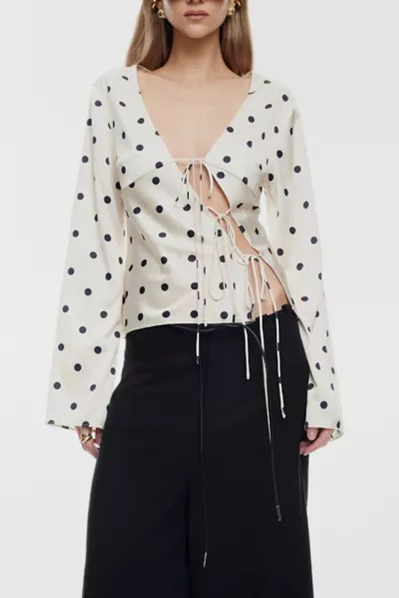 Lioness Mariah Long Sleeve Asymmetric Tie-Front Satin Top