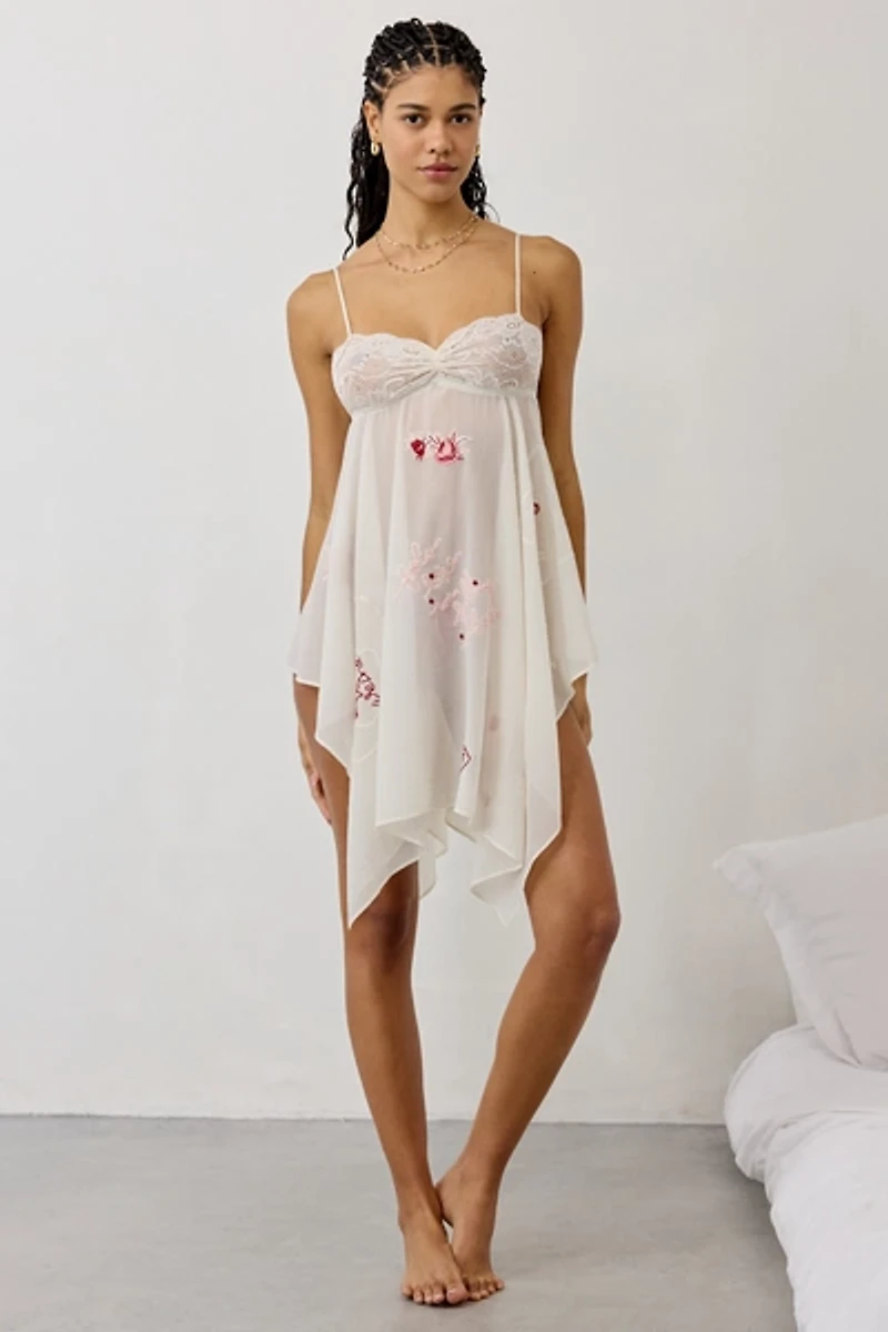 Out From Under Lost Time Embroidered Sheer Asymmetric Hanky Hem Slip