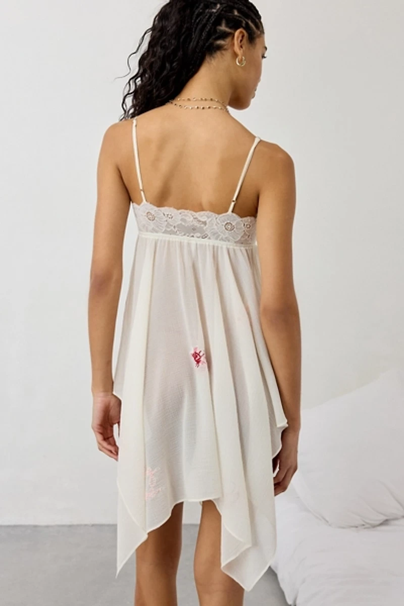Out From Under Lost Time Embroidered Sheer Asymmetric Hanky Hem Slip