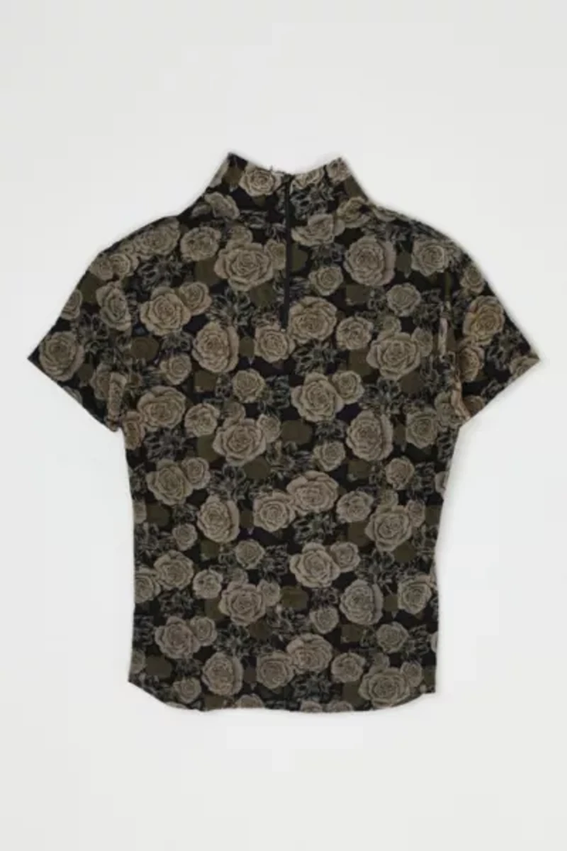 Vintage Y2k Tan & Black Roses Printed Mesh Top