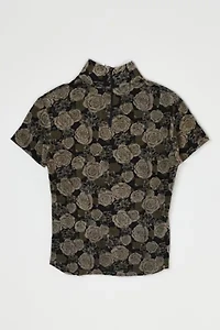 Vintage Y2k Tan & Black Roses Printed Mesh Top