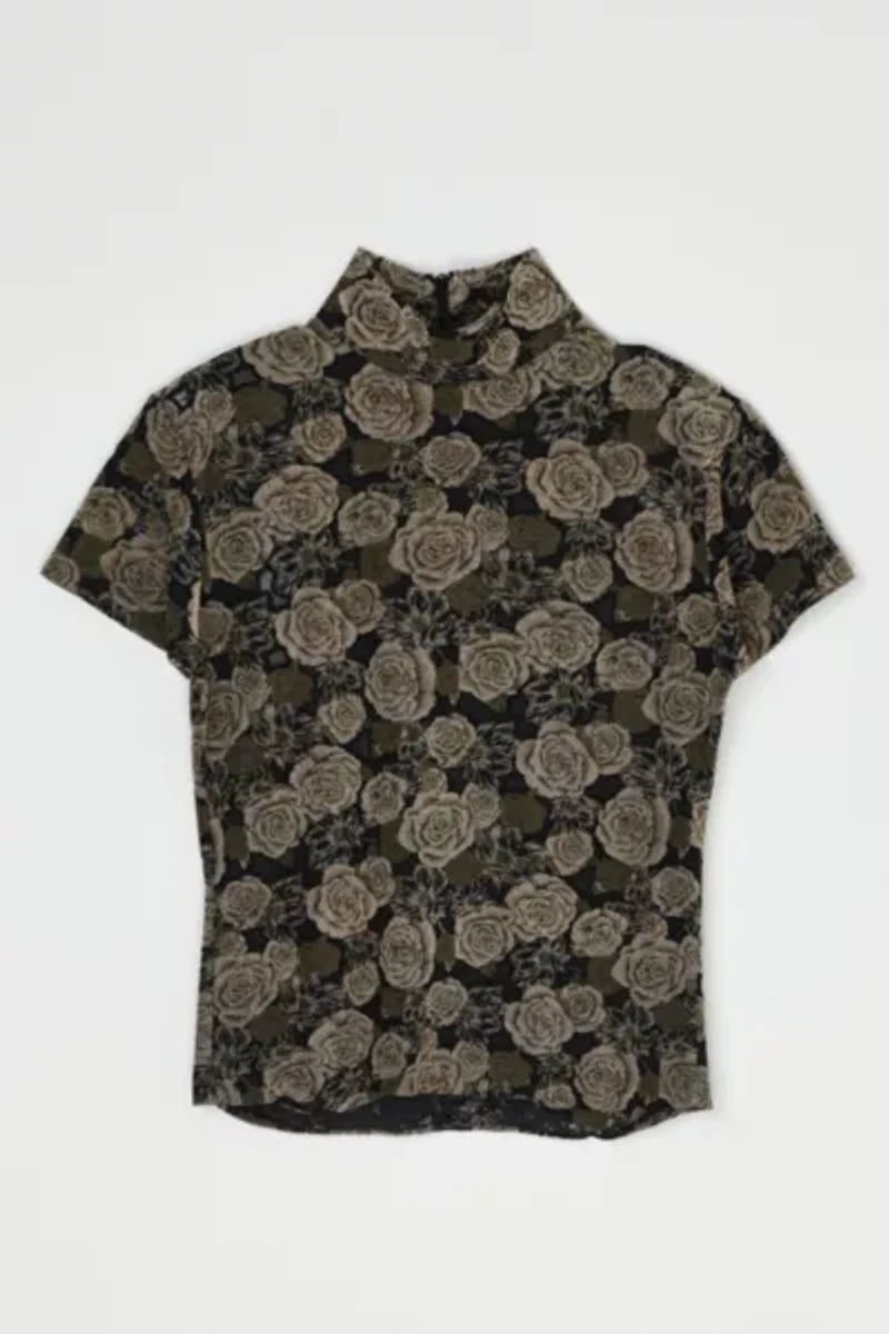 Vintage Y2k Tan & Black Roses Printed Mesh Top