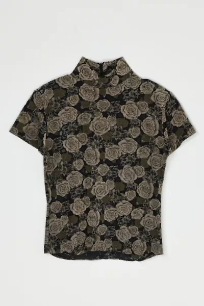 Vintage Y2k Tan & Black Roses Printed Mesh Top