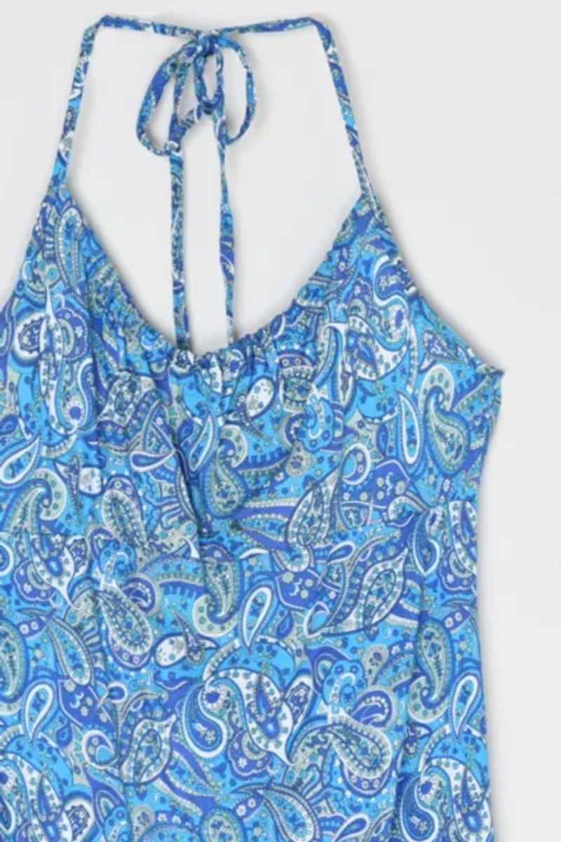 Vintage Y2k Blue Paisley Halter Mini Dress