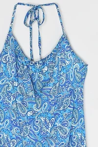Vintage Y2k Blue Paisley Halter Mini Dress