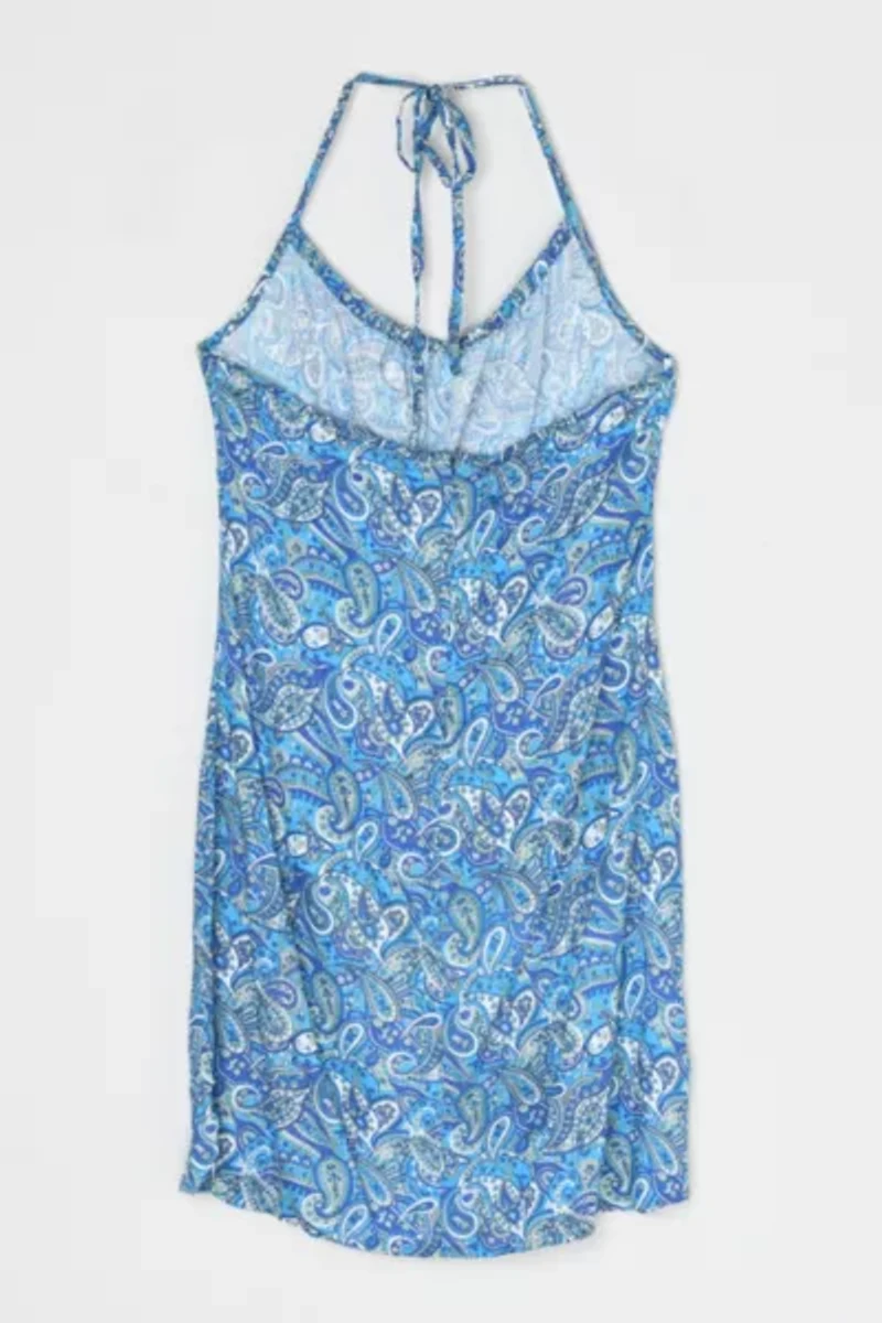 Vintage Y2k Blue Paisley Halter Mini Dress