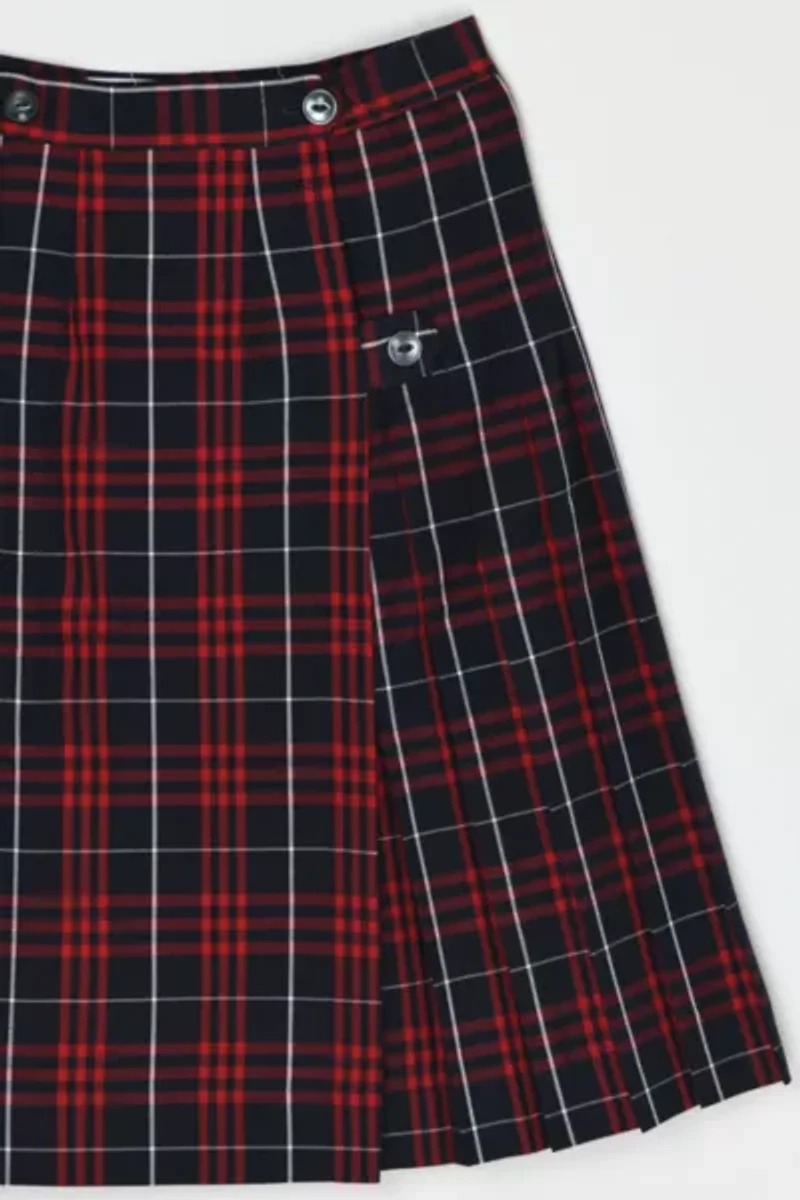 Vintage 90s Navy & Red Pleated Plaid Wrap Midi Skirt