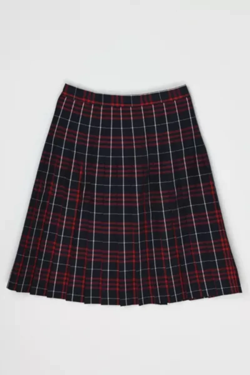 Vintage 90s Navy & Red Pleated Plaid Wrap Midi Skirt