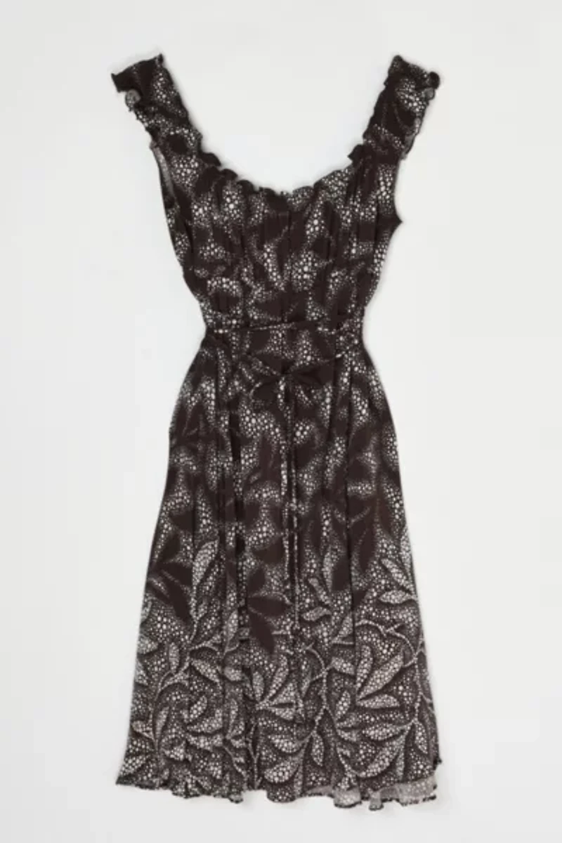 Vintage Y2k Brown & White Printed Ruffled Silk Mini Dress