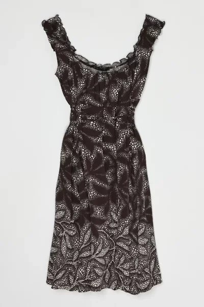 Vintage Y2k Brown & White Printed Ruffled Silk Mini Dress