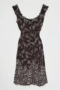 Vintage Y2k Brown & White Printed Ruffled Silk Mini Dress